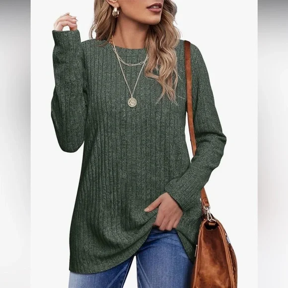 Green Ribbed Long Sleeve Tunic Top Crew Neck Casual Sweater. - Picture 2 of 6